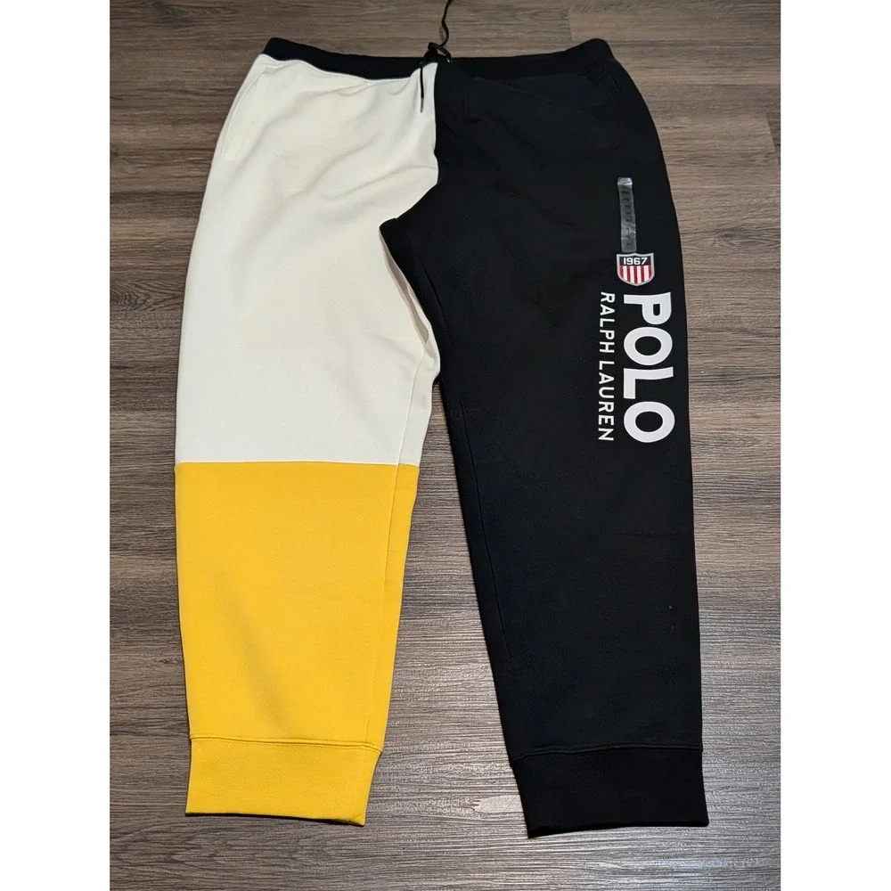 Polo Ralph Lauren Mens 2XLT Colorblock Sweatpants Black White Yellow Joggers